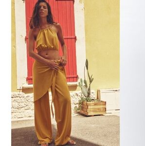 NWT Zara Mustard Yellow 2-Pc Set Wrap Front Pants & Halter Crop Top Small